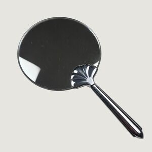 Vintage Hand Mirror 80s 70s Art Deco Chrome Plate Silver Tone Shell Handle